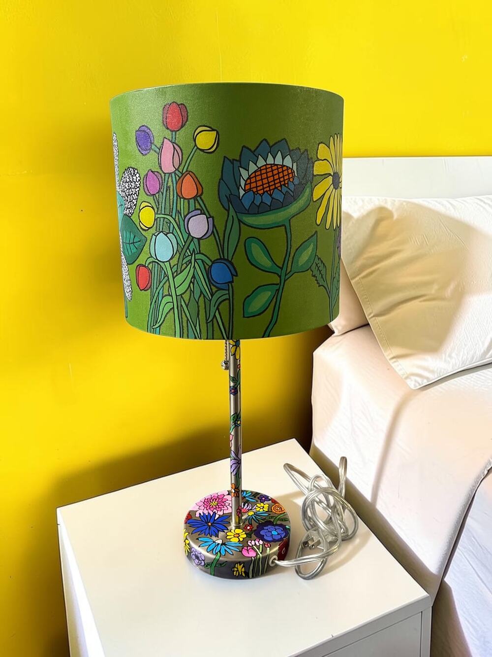 Hand Painted Floral Table Lamp Bright Colorful Flowers 17" high 2 of 2